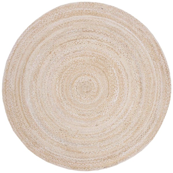SAFAVIEH Braided Beige 7 ft. x 7 ft. Solid Color Striped Round Area Rug