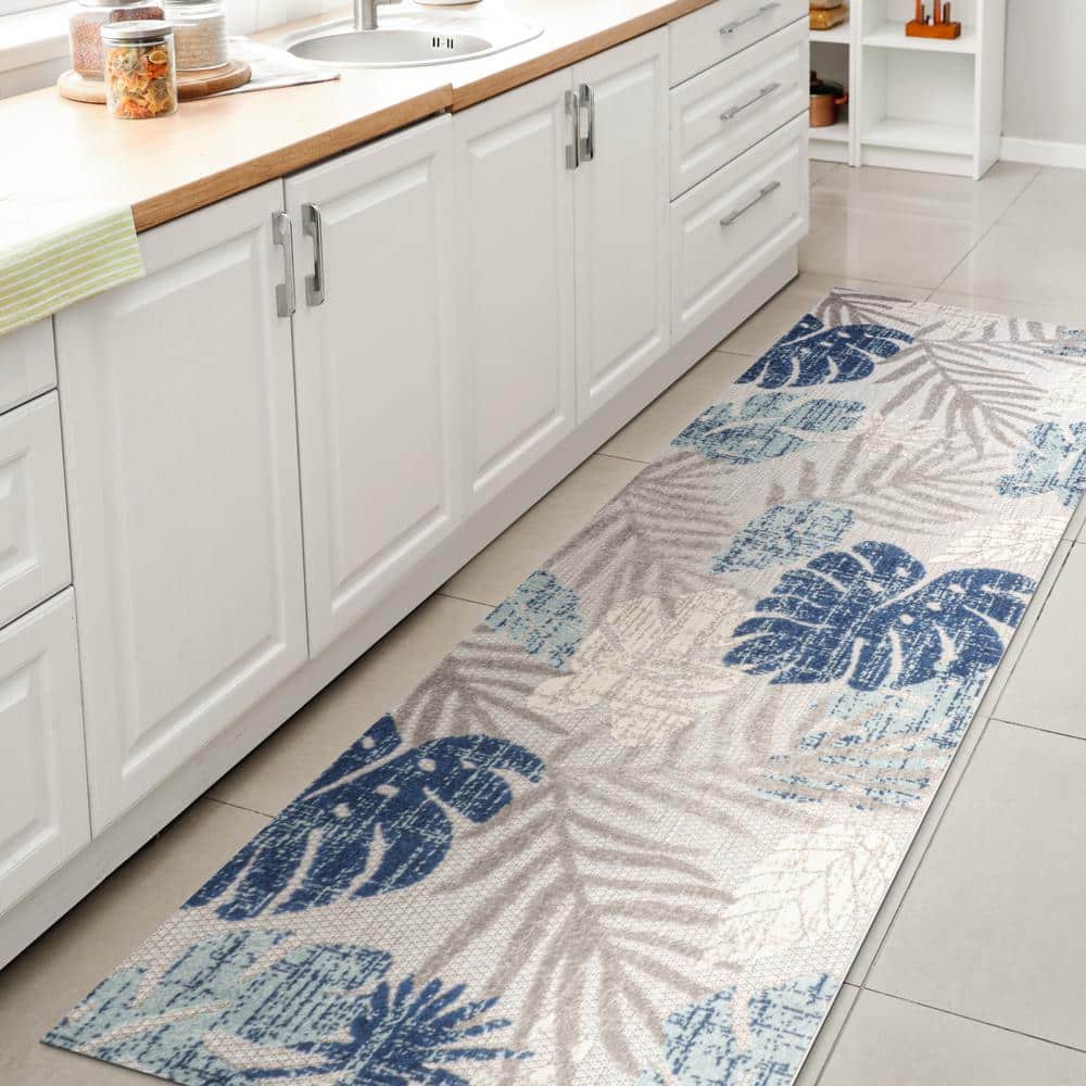 Light Gray and Navy Tropical Leaf Runner Rug, 2'-3" x 8', Synthetic