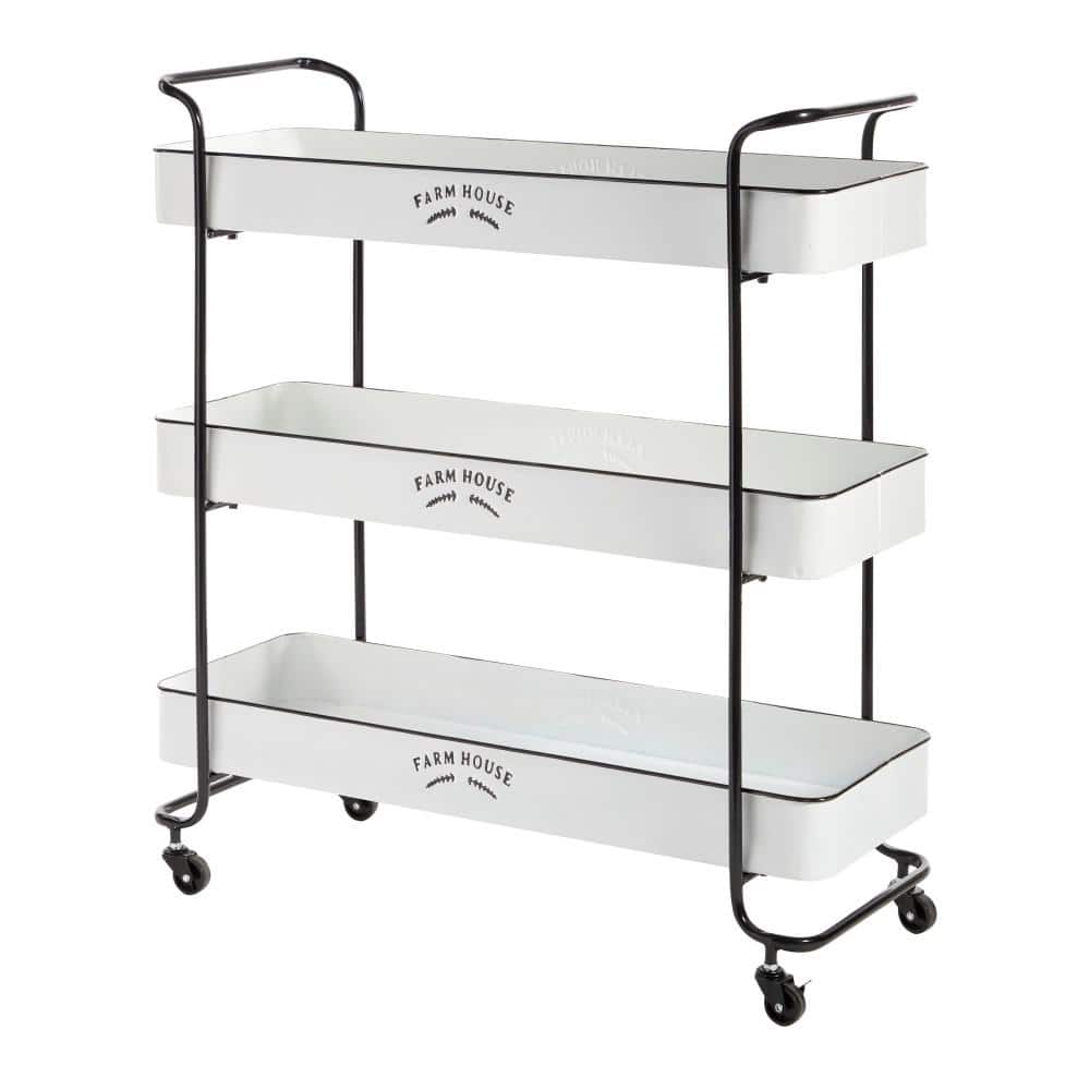 White Metal Rolling Utility Cart with Black Accents and Farmhouse Design