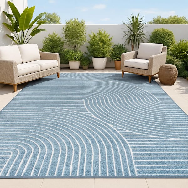 Hallie High-Low Minimalist Curve Geometric Dark Blue/Cream 8 ft. x 10 ft. Indoor/Outdoor Area Rug