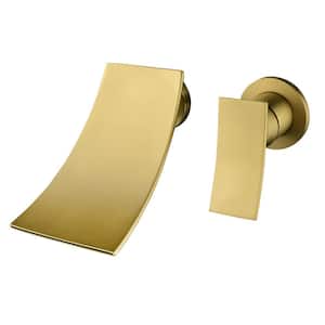 Single Handle Wall Mounted Faucet, Waterfall Wide Spout Bathroom Sink Faucet in Brushed Gold
