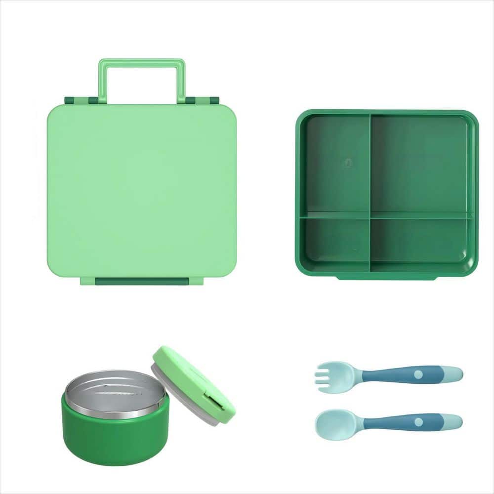 Leakproof Green Bento Lunch Box Container with 4 Compartment and 8oz Soup Thermo Food Jar for School, Travel
