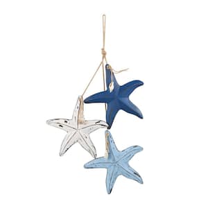 Wooden Blue Distressed Layered Starfish Wall Art with Hanging Rope and Decorative Shell Accents
