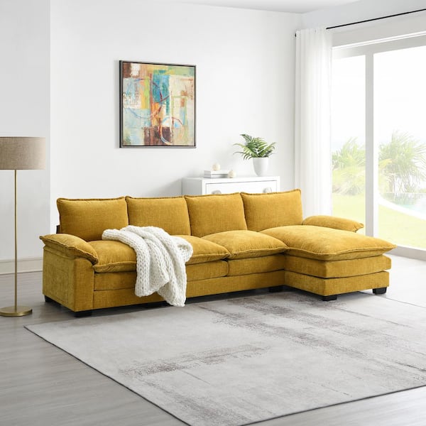 sumyeg 118 in. L-Shaped Chenille Sectional Sofa in. Ginger with Double Seat Cushions