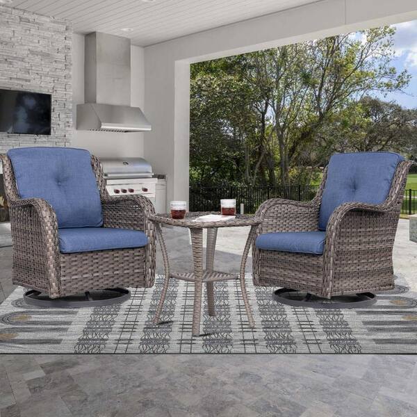 Incbruce Outdoor Indoor 3Pcs Patio Furniture Rocking Chair Set Black/Cyan All-Weather Wicker Bistro Sets with Cushions and Tempered Glass Coffee Table 