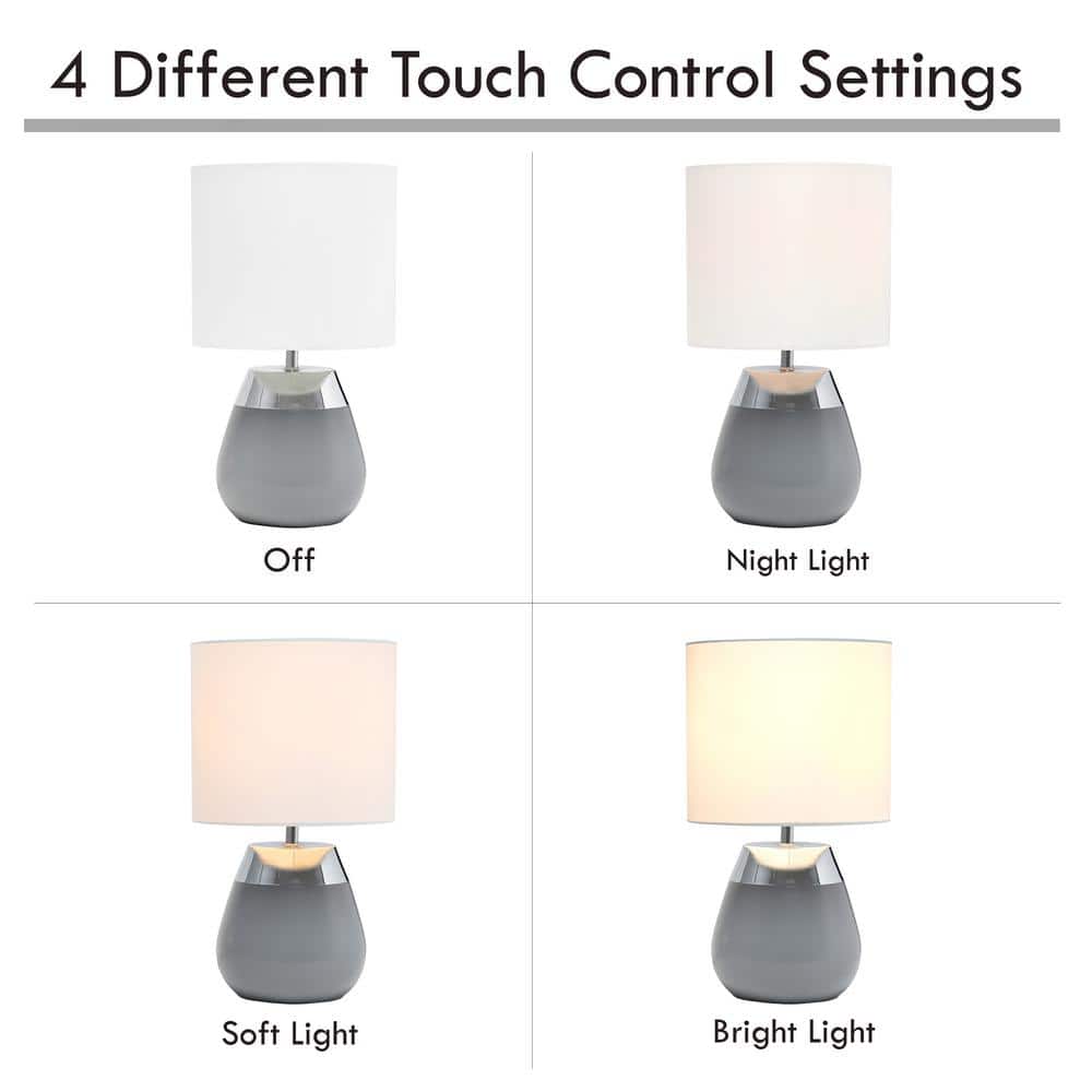 14" Tall Modern Gray and Chrome Touch Nightstand Lamp with White Shade