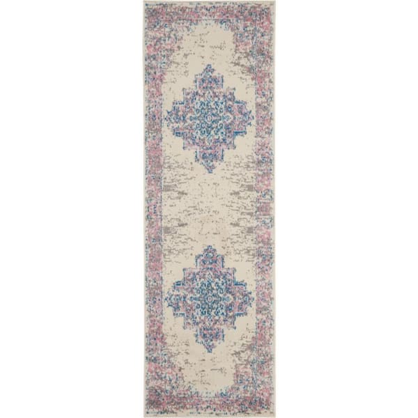 Nourison Grafix Ivory Pink 2 ft. x 6 ft. Center medallion Transitional Runner Area Rug