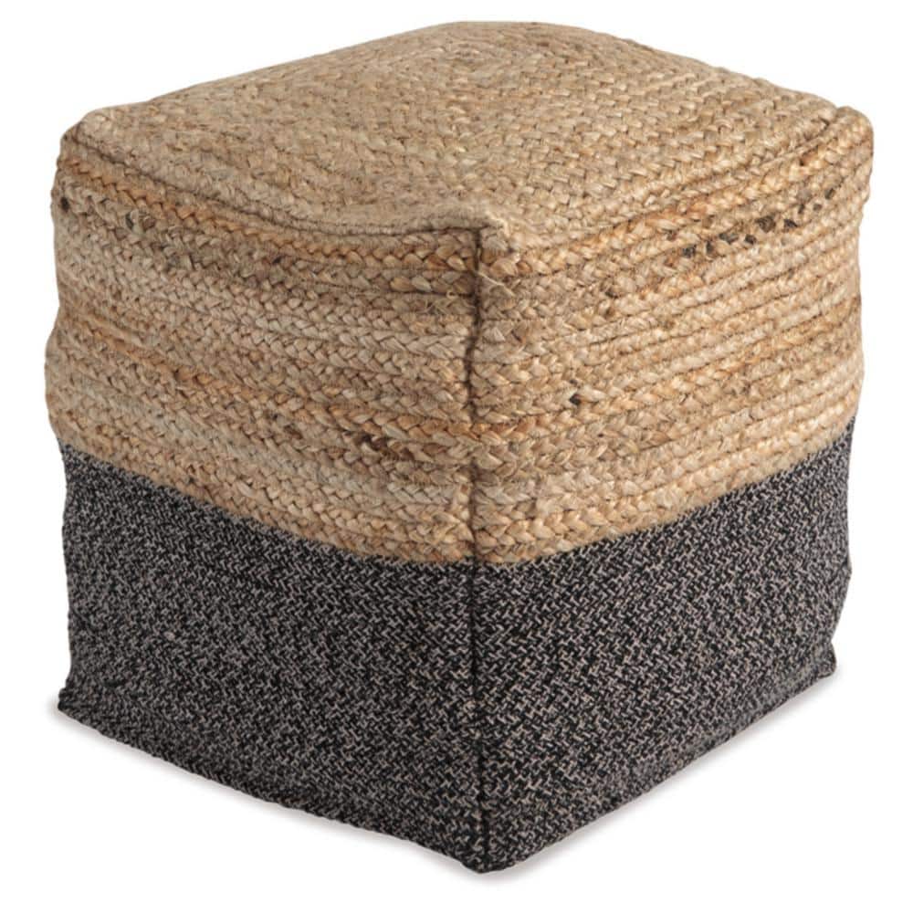 Contemporary Gray and Brown Braided Jute Pouf, 19" W x 17.5" H
