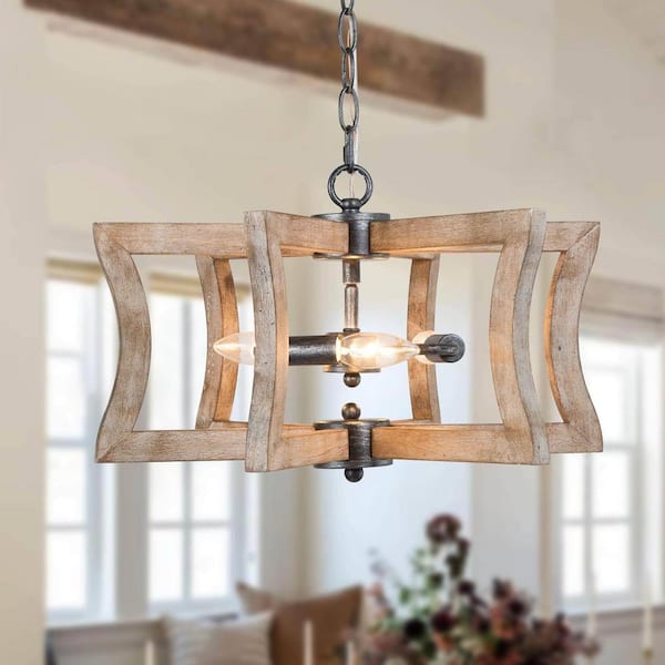 LNC Rustic Circle Wood Island Chandelier, Geometric 3-Light Farmhouse Brown Drum Pendant Light with Brushed Black Accents