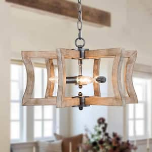 Rustic Circle Wood Island Chandelier, Geometric 3-Light Farmhouse Brown Drum Pendant Light with Brushed Black Accents