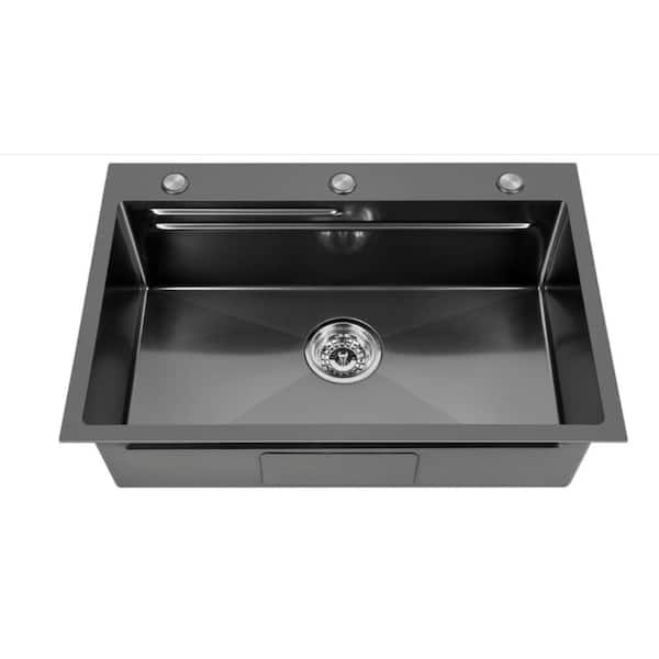 26 in. Drop-In/Undermount Single Bowl 18 Gauge Gunmetal Black Stainless Steel Kitchen Sink with Bottom Grids