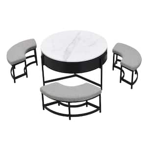 31.50 in. Black/White Round MDF Lift Top Coffee Table with Storage and 3 Ottoman