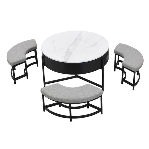 Polibi 31.50 in. Black/White Round MDF Lift Top Coffee Table with Storage and 3 Ottoman