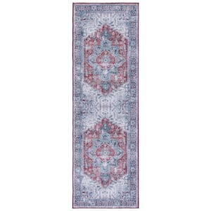Tuscon Red/Navy 3 ft. x 8 ft. Machine Washable Floral Runner Rug