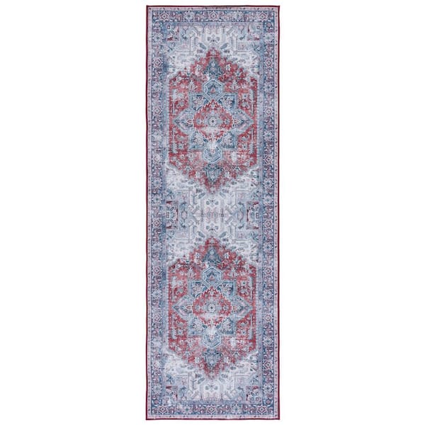 Tuscon Red/Navy 3 ft. x 8 ft. Machine Washable Floral Runner Rug