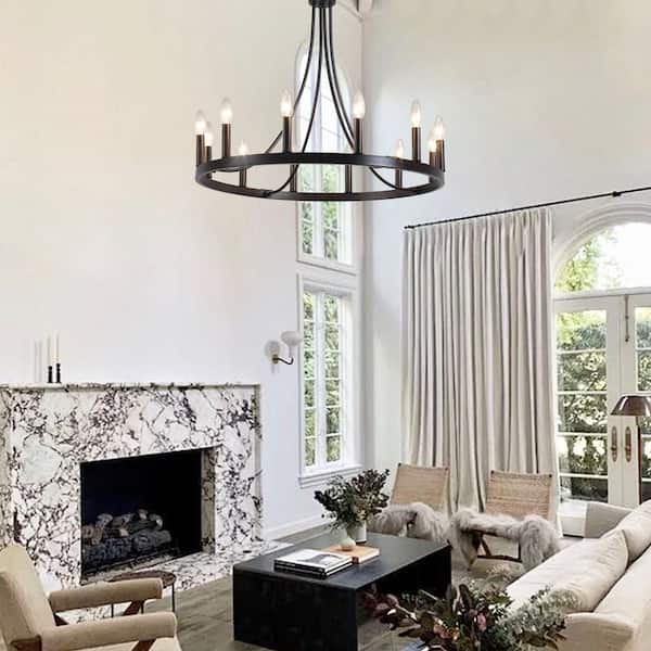 12-Light Matte Black Wagon Wheel Chandelier for Living Room Dinning Room with No Bulbs Included