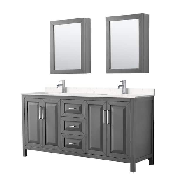 Wyndham Collection Daria 72in.x22in. Double Vanity in Dark Gray w/ Cultured Marble Vanity Top in Light Vein Carrara w/ Basins and Med Cabs
