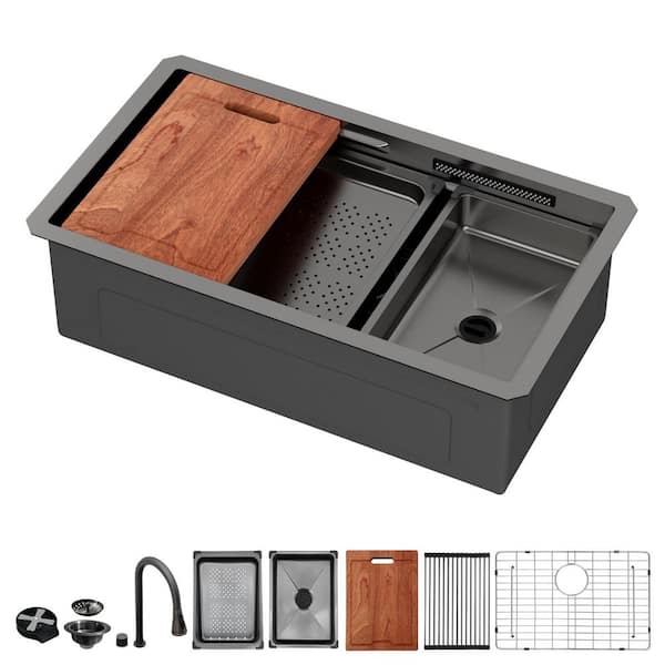 33 in. Undermount Singel Bowl Workstation Kitchen Sink in Black Stainless Steel with Bottom Grid and Waterfall Faucet