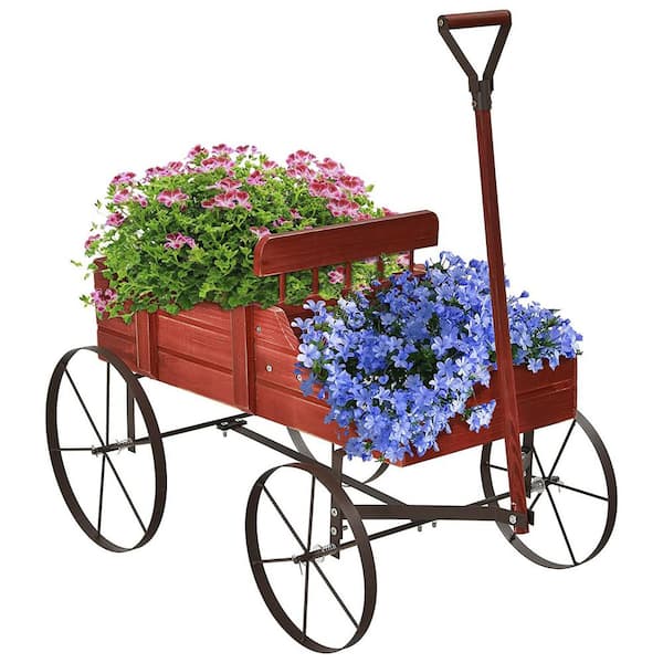 Alpulon Wooden Wagon Plant Bed in Red with Metal Wheels