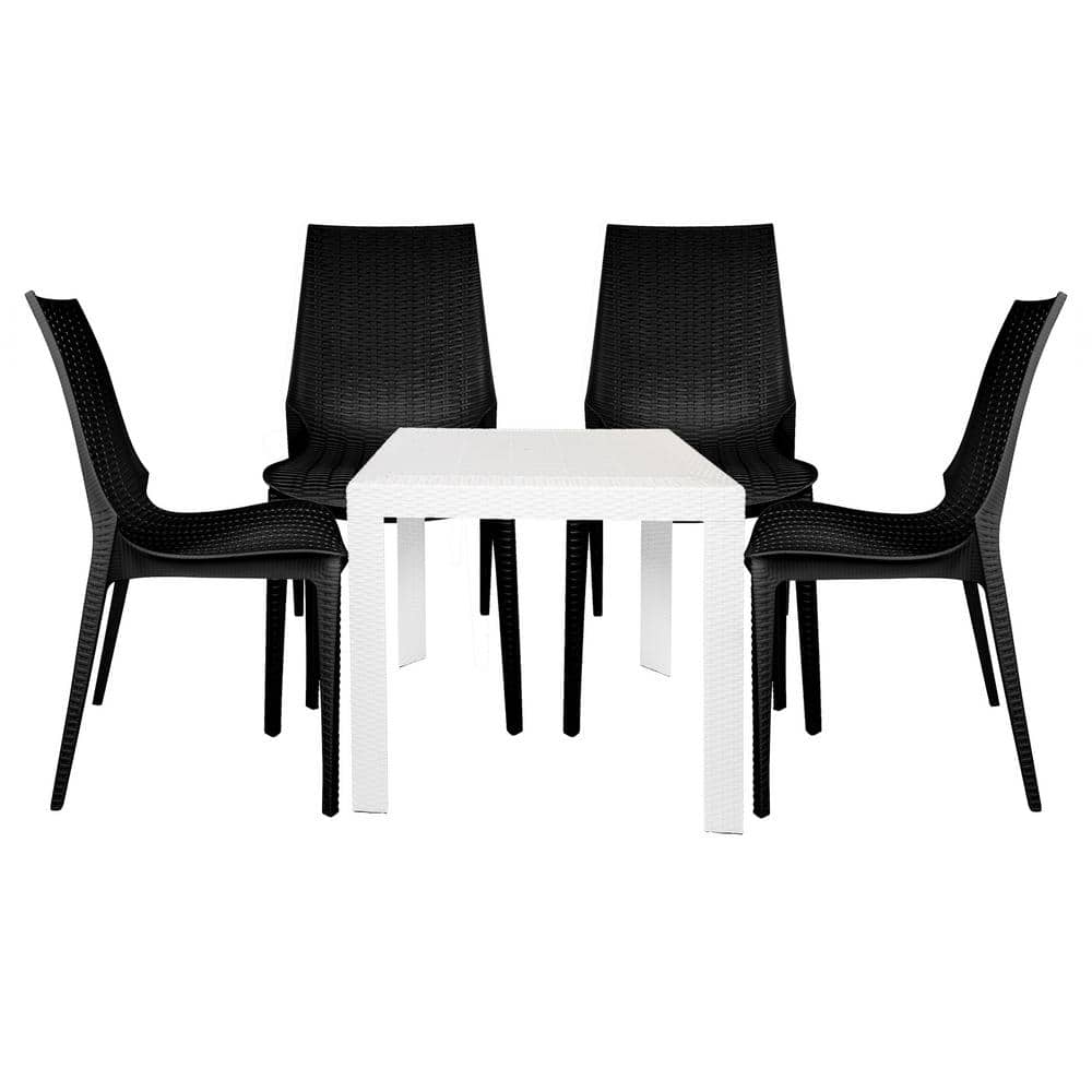 Leisuremod Kent White and Black 5Piece Plastic Square Outdoor Dining