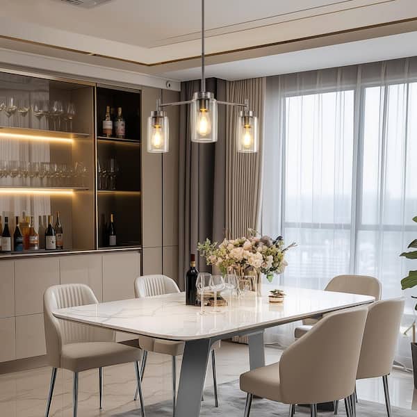 3-Light Chandelier in Brushed Nickel with Clear Glass Shades, a Modern Pendant Light Fixture for Kitchen or Dining Room