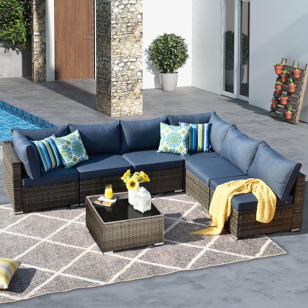 Lavon Gray 7-Piece Wicker Outdoor Patio Sectional Furniture Set with a Table and Denim Blue Cushions price history on PriceWatchPro