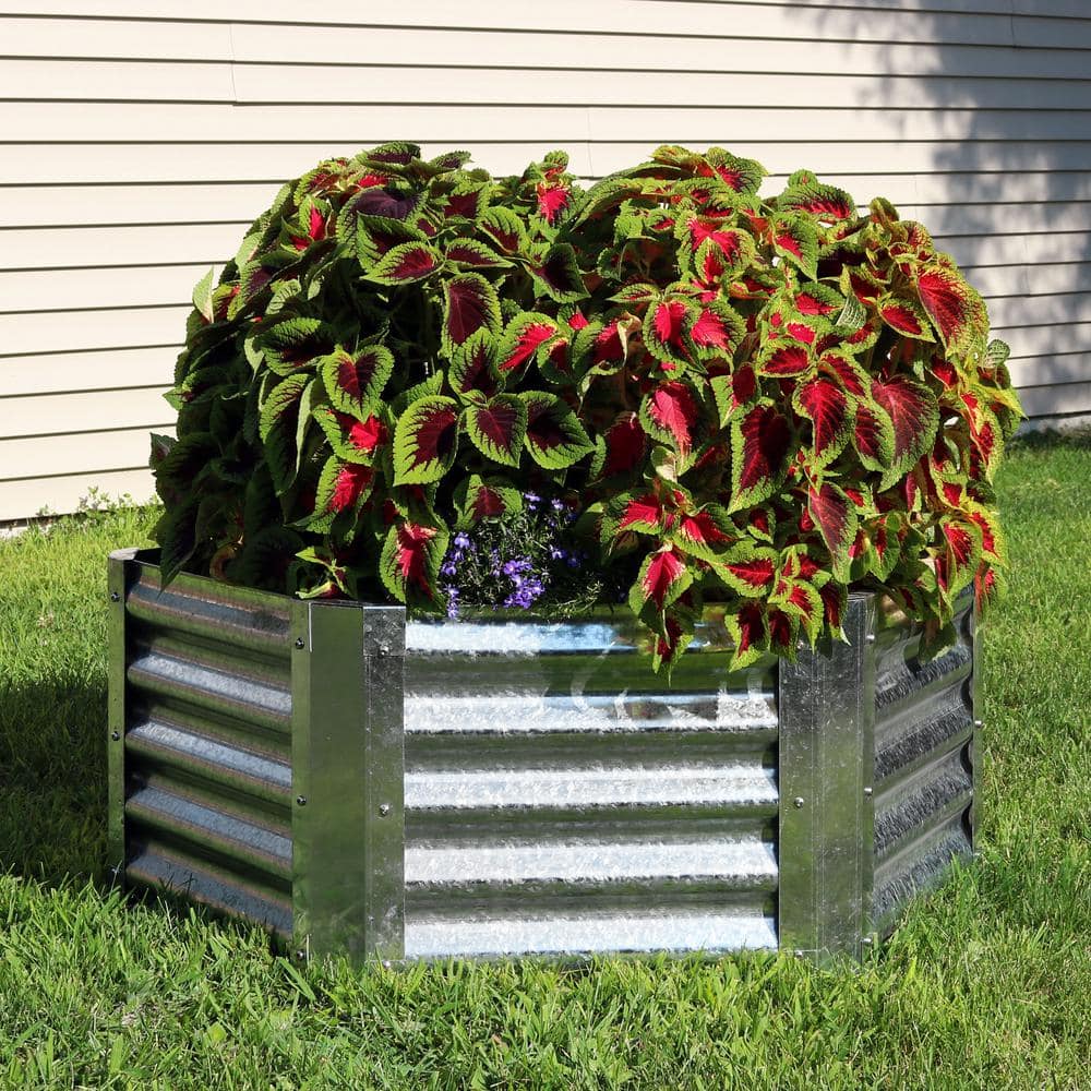 40" Hexagon Silver Galvanized Steel Raised Garden Bed