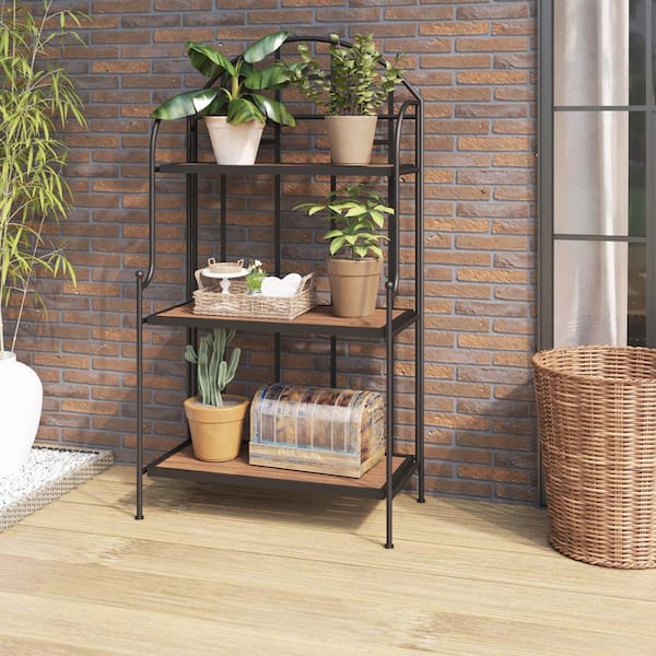 TK CLASSICS 3-Tier Outdoor Folding Metal Plant Stand with Acacia Shelves