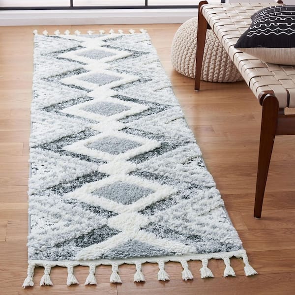 Moroccan Tassel Shag 2 ft. x 10 ft. Gray/Ivory Ornate High-Low Diamond Runner Rug