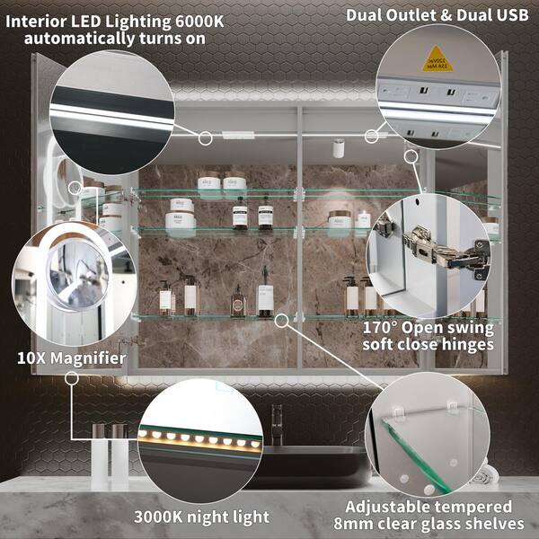 WELLFOR 54-in x 36-in Lighted LED Fog Free Surface/Recessed Mount Silver Mirrored Soft Close Medicine Cabinet with Outlet