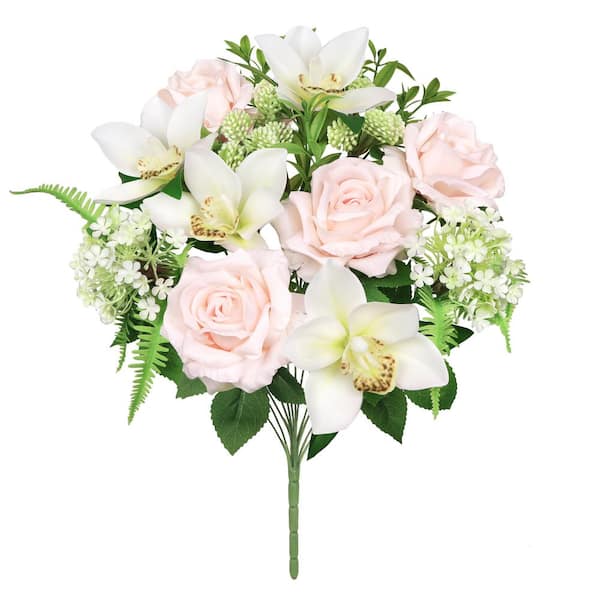 LIVING LUXURY 19 in. Cream Blush Artificial Mixed Rose Cymbidium Orchid Snowball Flower Stem Bush Bouquet (Set of 2)