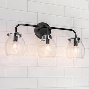 Modern Black Vanity Light 3-Light Linear Classic Bathroom Wall Sconce Mirror Wall Light with Clear Seedy Glass Globes