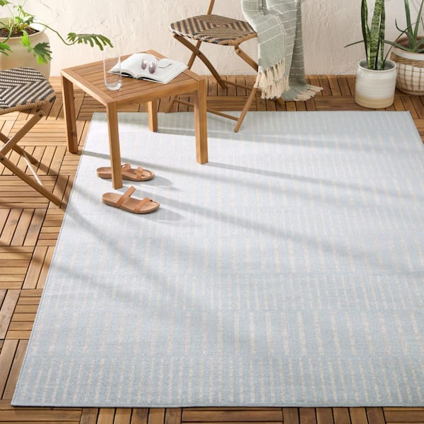 Poolside Off Stripe Blue/Ivory 6 ft. x 9 ft. Indoor Outdoor Area Rug