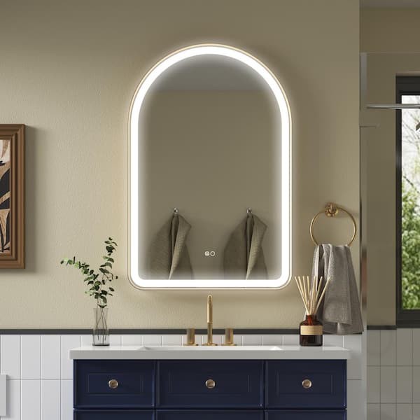 FORCLOVER 24 in. W x 36 in. H Arched Framed Anti-Fog Dimmable LED Wall Mount Bathroom Vanity Mirror in Brushed Gold