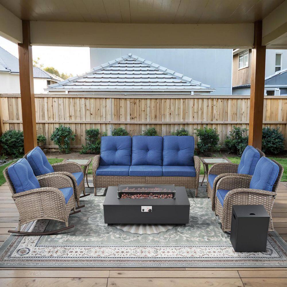 Gray 10-Piece Wicker Patio Fire Pit Set, Outdoor Sofa Seating Set with Olefin Navy Blue Cushions price history on PriceWatchPro
