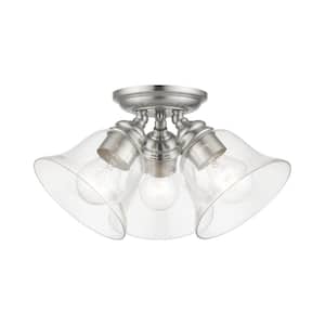 Moreland 14.5 in. 3-Light Brushed Nickel Semi-Flush Mount with Hand Blown Clear Glass