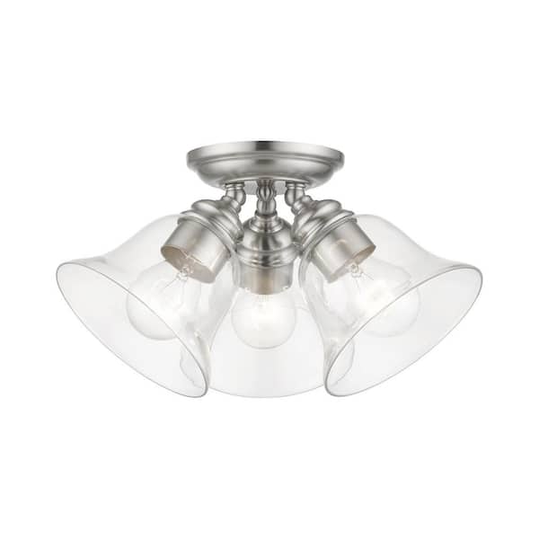 Livex Lighting Moreland 14.5 in. 3-Light Brushed Nickel Semi-Flush Mount with Hand Blown Clear Glass