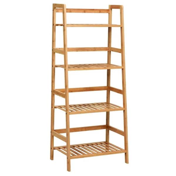 Brown Wood Bamboo 4-Tiered Ladder Indoor Plant Stand Shelf with (19 in. H W x 45 in. H) (12.5 in. )