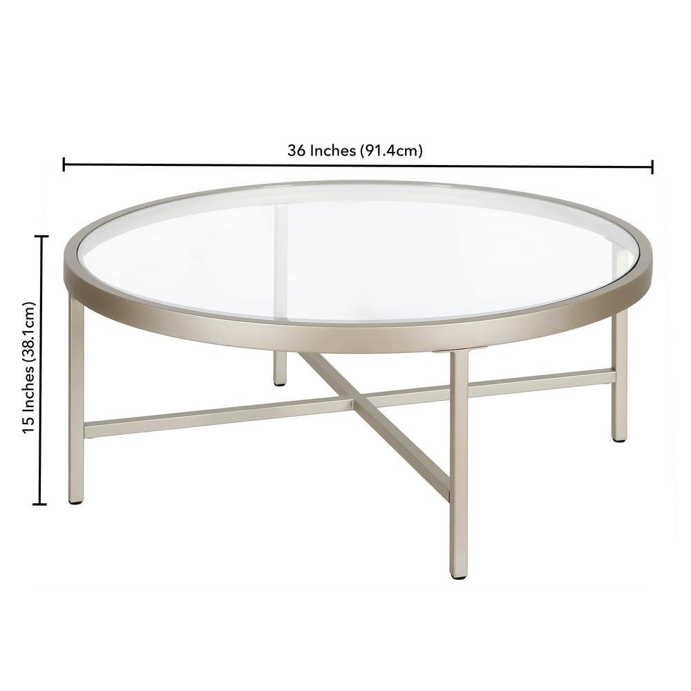 36" Round Satin Nickel Coffee Table with Glass Top