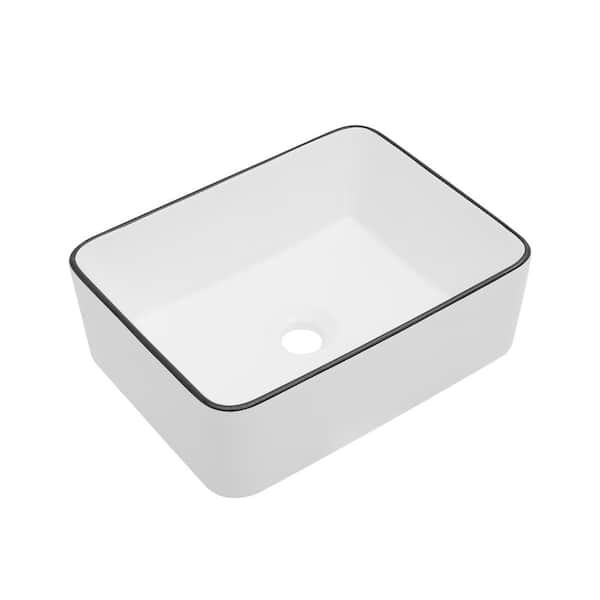 Tatahance 16 in . Rectangular Vessel Bathroom Sink in White Ceramic with Black Rim