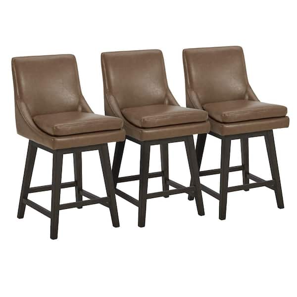 Spruce & Spring Fiona 26.8 in. Saddle Brown High Back Solid Wood Frame Swivel Counter Height Bar Stool with Faux Leather Seat(Set of 3)