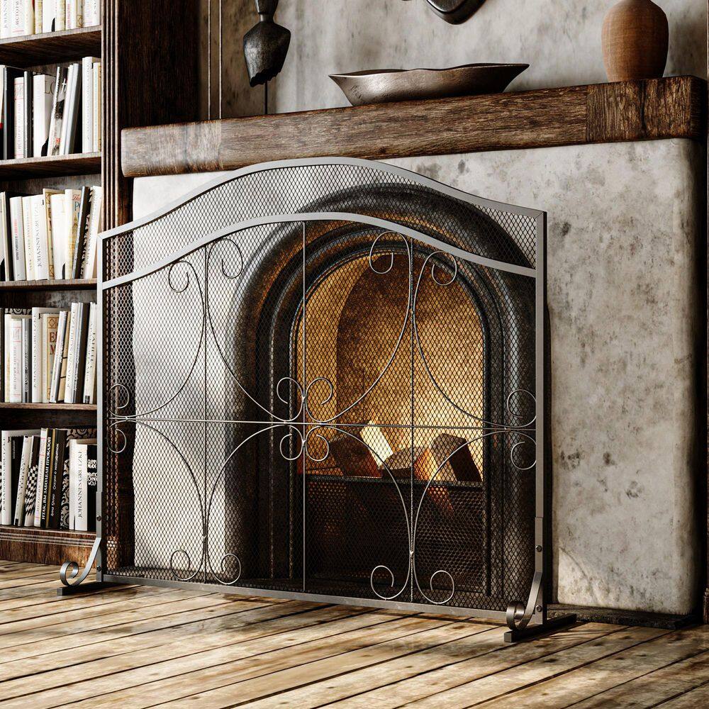 Solid Wrought Iron Frame with Metal Mesh Decorative Scroll Design Free Standing Spark Guard Fireplace 1-Panel Screen price history on PriceWatchPro