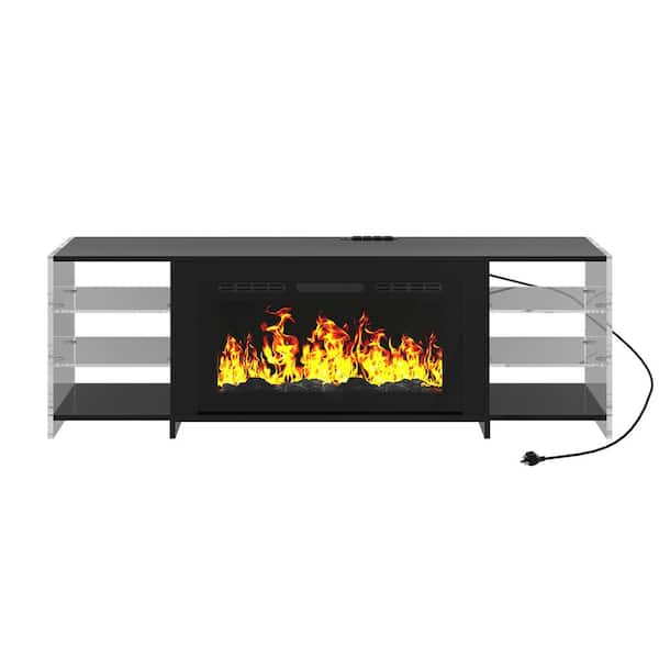 VECELO Fireplace TV Stand for TVs up to 75 in. with 3D Flame 13 Colors LED Light Black Transparent Shelves Entertainment Center