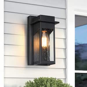 10.75 in. Black Outdoor Hardwired Wall Lantern Sconce with Clear Tempered Seeded Glass