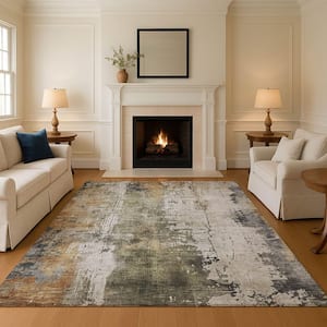 Mayfield Premium Machine Washable Abstract AMF1649 Olive 5 ft. x 7 ft. 6 in. Area Rug