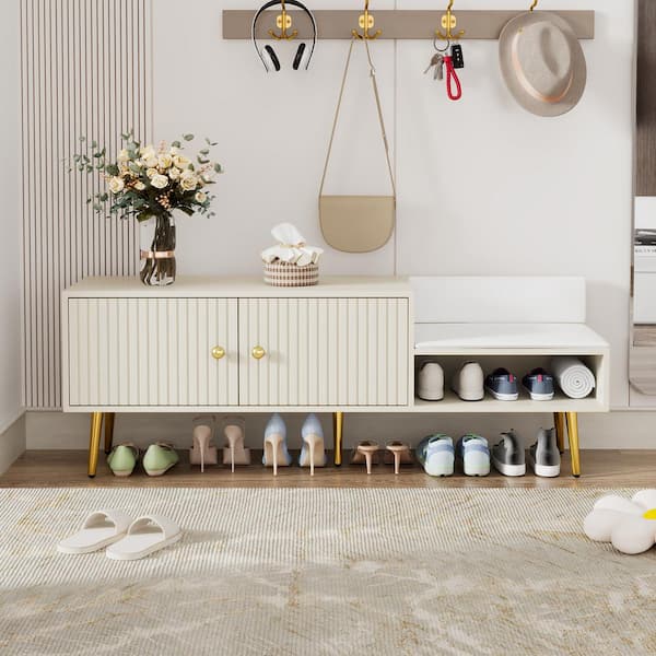 Harper & Bright Designs 19.3 in. H x 54.3 in. W Antique White Entryway Shoe Storage Bench with 2 Intricate Grooves Doors, PU Upholstered Cushion
