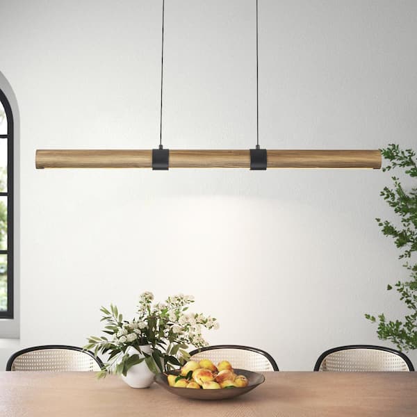 Rennnsan Leon 1-Light Brown Farmhouse Wood Dimmable LED Linear Pendant Light
