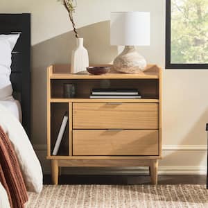 2-Drawer Natural Solid Wood Mid-Century Modern Nightstand with Tray Top