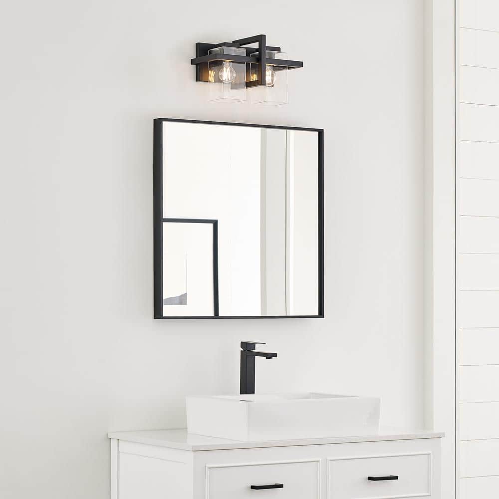 Midnight Black 2-Light Outdoor Vanity with Clear Glass Shades