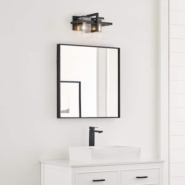 Generation Lighting - Mitte 15 in. 2-Light Matte Black Industrial Transitional Bathroom Vanity Light with Clear Glass Shade Panels